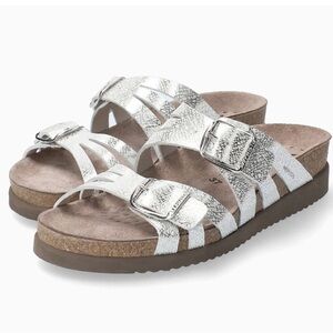 Mephisto Helisa Silver Leather Buckle Slides Women’s size 38 US 8